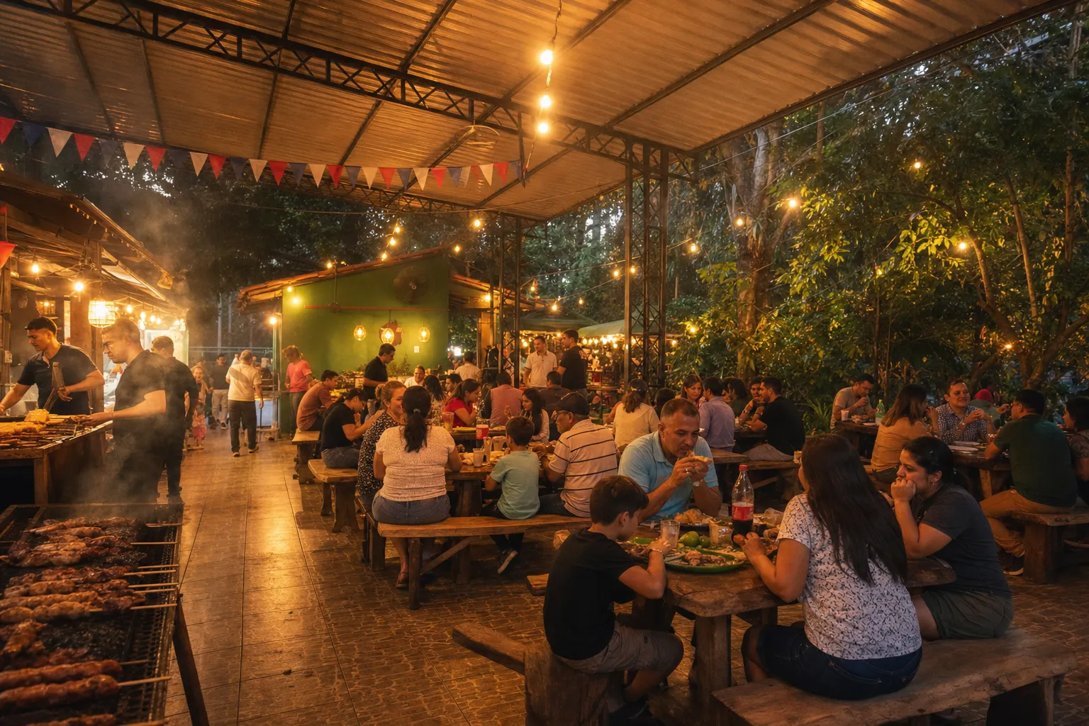 Patio de comidas techado con familias disfrutando gastronomía típica paraguaya.
