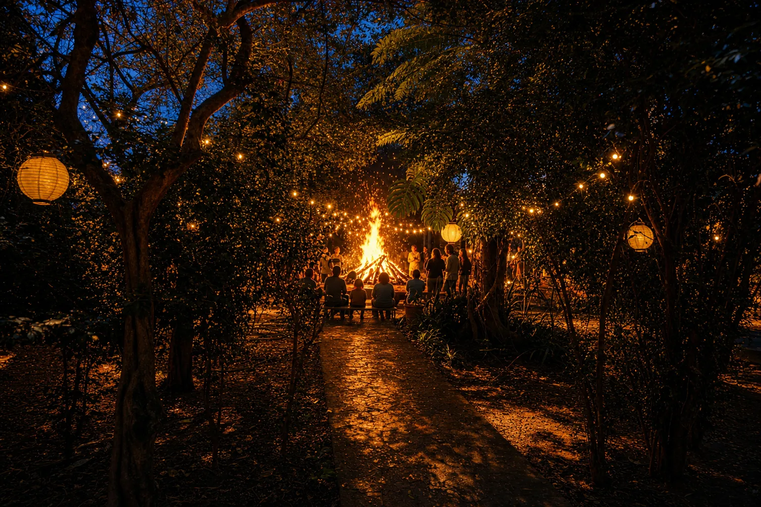 El fogón de San Juan encendido al anochecer en la Granja Mi Retiro.